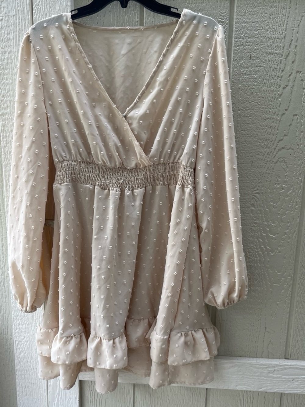 Cream Long Sleeve Swiss Dot Ruffle Dress with Smocked Waist